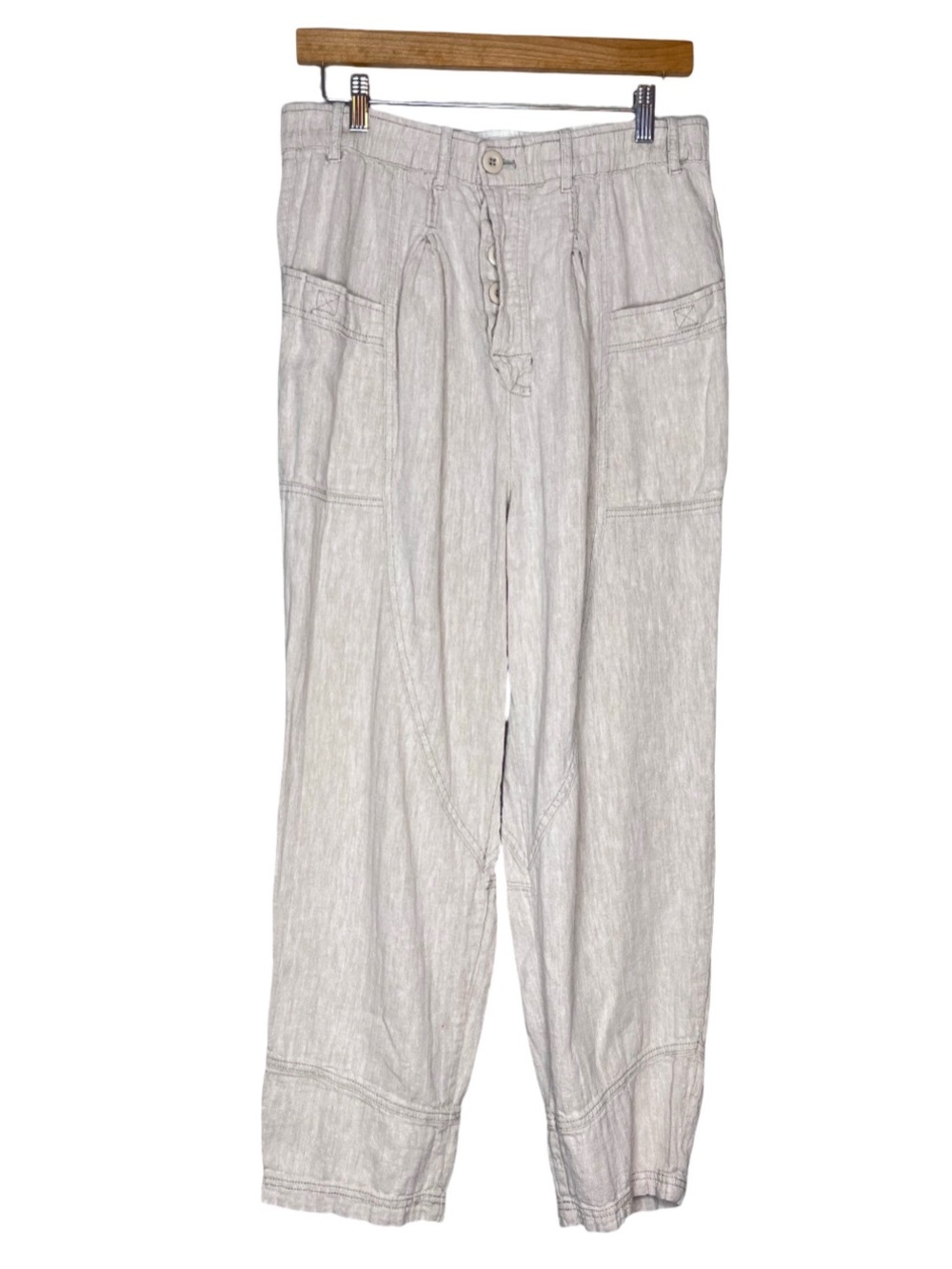 Free People Livin in The City Earthy Boho Neutral Seamed Harem Barrel Pants Sz S